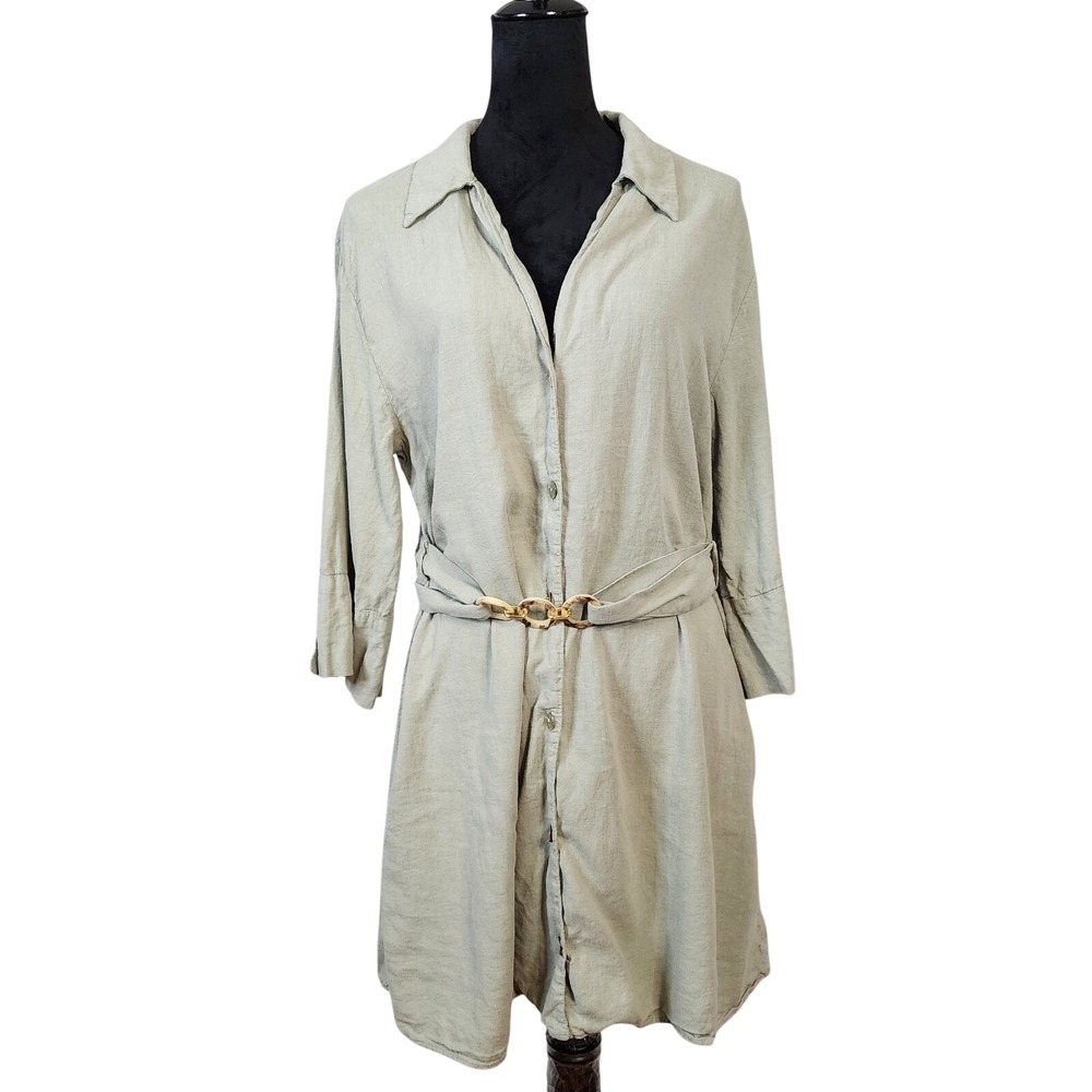 ZARA Size Medium Linen Blend Chain Link Belted Shirtdress Light Khaki Green EUC